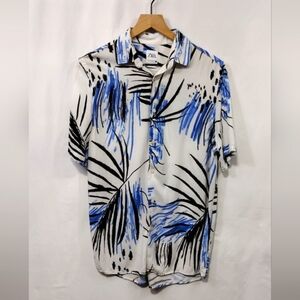Zara Palm Tree Button Shirt Mens M White Blue Coastal Beach Vacation Boho Retro